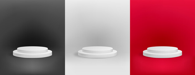 Mockup of white two-stage round podium on a black, white and red background. Realistic 3d vector illustration of pedestal. Empty base for product presentation, award ceremony, first place trophy