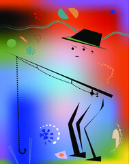 Colorful abstract background, Stylized fisherman figure
