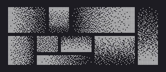 Pixel disintegration background. Decay effect. Dispersed dotted pattern. Concept of disintegration. Set pixel mosaic textures with simple square particles. Vector illustration on black background. - obrazy, fototapety, plakaty