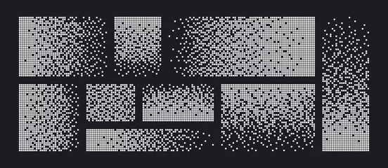 Fotobehang Pixel disintegration background. Decay effect. Dispersed dotted pattern. Concept of disintegration. Set pixel mosaic textures with simple square particles. Vector illustration on black background. © Elena Pimukova