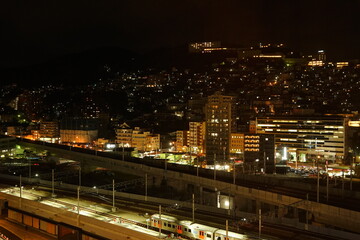 Fototapeta na wymiar Nagasaki Station and Cityscape of Nagasaki at Night in Nagasaki, Japan - 日本 長崎県 長崎駅 駅前 街並みの夜景