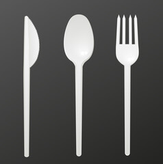 Plastic white cutlery template realistic vector illustration isolated on dark.