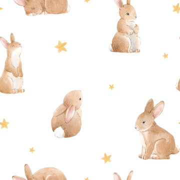 Beautiful seamless pattern with cute watercolor hand drawn baby rabbits. Stock illustration.