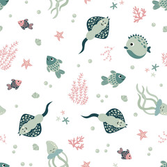 Marine seamless pattern. Stingray, Fish, algae, corals, starfish. Hand-drawn style. Design for decorating a nursery.  © Helga KOV