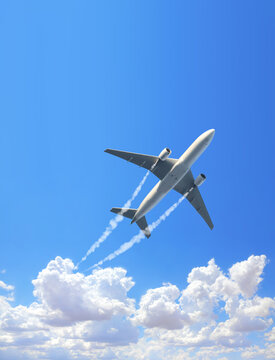 Vertical nature background with aircraft and Jet trailing smoke in the sky. Airplane and condensation trail