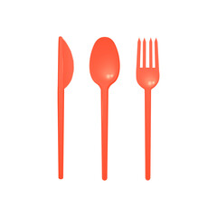Red plastic cutlery set of fork, spoon and knife mockup, 3D vector isolated.
