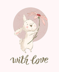 Hand drawn illustration with cute little white bunny character hold big chrysanthemum flower isolated. Vector flat sketch. For Valentine day cards, banners, stickers, prints etc.