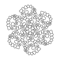 Coloring book for adult and children. Mandala flower with hearts, hand drawn illustration. Vector abstract black and white mandala motif