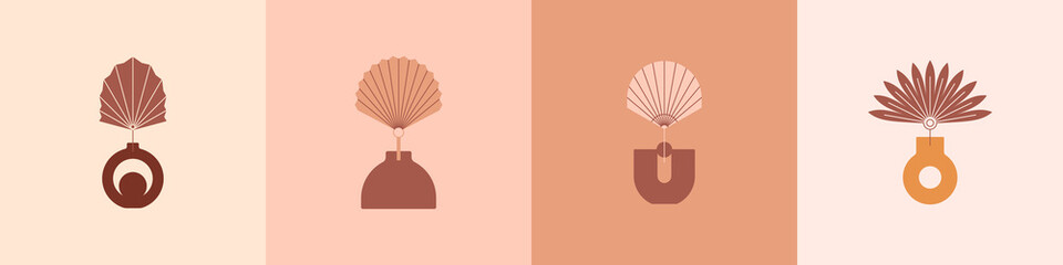 Boho Vases and Palm Dried Leaf in Trendy Minimal Style. Vector Bohemian Icons for Creating Logo