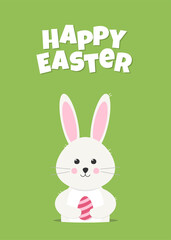 Happy Easter greeting card template with cute easter bunny. Rabbit looks out of the hole and holds easter egg. Template for greeting card, invitation, poster and easter design