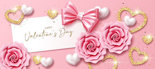 Fototapeta na wymiar Valentines Day background with 3d hearts and roses. Design element for greeting card or sale banner. Vector illustration