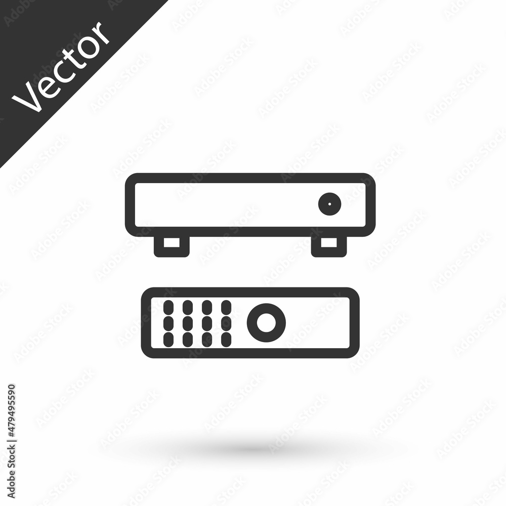 Poster grey multimedia and tv box receiver and player with remote controller icon isolated on white backgro