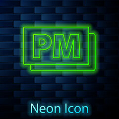 Fototapeta na wymiar Glowing neon line Clock PM icon isolated on brick wall background. Time symbol. Vector