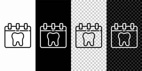 Set line Calendar with tooth icon isolated on black and white background. International Dentist Day, March 6. March holiday calendar. Vector