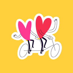 Drawn sticker doodle hearts on a double bike. A couple in love rides an abstract bicycle on a yellow background. Valentine's day sticker vector illustration.
