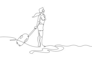 One continuous line.Tourist on vacation.Woman with luggage suitcase at seaside resort.Tourist travel vacation.Continuous line drawing abstract logo.Lineart isolated white background.