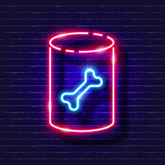 Canned food for animals neon icon. Vector illustration for design, website, pet shop, veterinary clinic. Veterinary medicine concept.