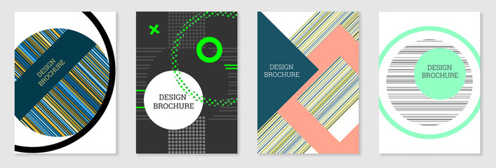 Set of cover design in Memphis style. Geometric design, abstract background. Fashionable bright cover, banner, poster, booklet. Creative colors.