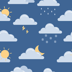 Seamless vector weather pattern with clouds.Childish colored vector illustration in flat cartoon style for fabric, textile,packaging and print.