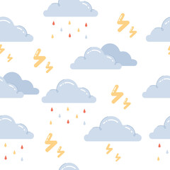 Seamless vector weather pattern with clouds and rain.Childish colored vector illustration in flat cartoon style for fabric, textile,packaging and print.
