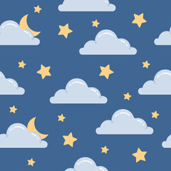Seamless vector weather pattern with clouds, moon and stars.Childish colored vector illustration in flat cartoon style for fabric, textile,packaging and print.
