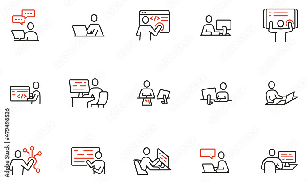 Wall mural vector set of linear icons related to human resources, work with digital technology, online business