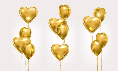 Gold foil balloons. Golden vector heart shape air balloon compositions set. Valentine day or birthday party decoration elements.