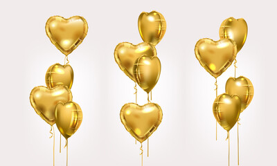 Gold foil balloons. Golden vector heart shape air balloon compositions set. Valentine day or birthday party decoration elements. © Olena Go
