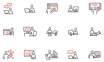 Vector set of linear icons related to human resources, work with digital technology, online business, development, programming and engineering. Mono line pictograms and infographics design elements