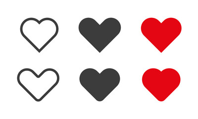 Heart icon set. Black, red and outline love symbol