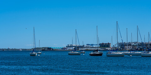 Fototapeta na wymiar Marina in the Gulf of the Atlantic Ocean. Numerous yachts tied to white floats