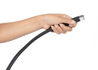 Hand holding high pressure water jet isolated on white background.