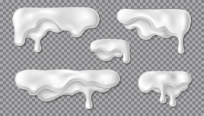 Yogurt icing drip set. 3d vector realistic white milk or mayonnaise drop. Cream or yoghurt stain. Border design - obrazy, fototapety, plakaty