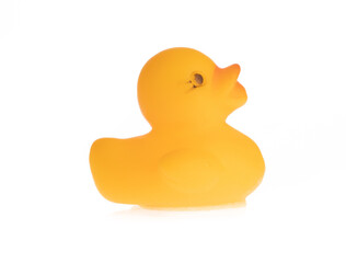 Yellow duck toys baby children playing water bath shower toys supplies isolated on white background.