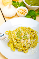 Italian traditional basil pesto pasta ingredients