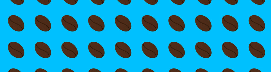 Drawing of images of coffee beans on a blue background. template for overlaying on the surface. seamless pattern. Banner for insertion into site. 3D rendering. 3D image