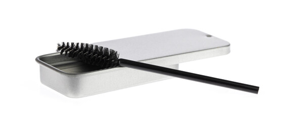 brush for eyebrows with eyebrow gel in a box package with cap isolated on white background. - 479499575