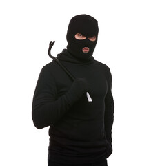 Thief in mask with crowbar on white background