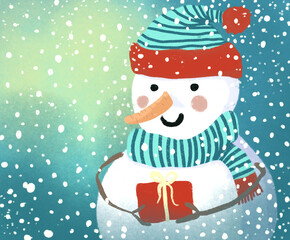 hand drawn christmas card. snowman holding a gift. in a hat and scarf on a background of snow
