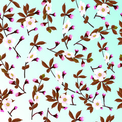 Branch of a cherry blossom floral pattern on blue gradient background. Sakura spring flowers, seamless texture, vector