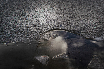 reflection in frozen water on a lake
