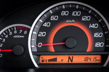 Modern design of analog speedometer and tachometer with digital fuel gauge from car dashboard...