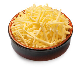 Grated cheese in a bowl isolated on a white  background. Cheese in a clay dish  Side view.