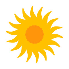 Yellow sun icon with sunbeams. Summer sunny hot illustration.