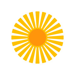 Yellow sun with lights. Sunny hot illustration. Summer simple ray. Sunbeam icon