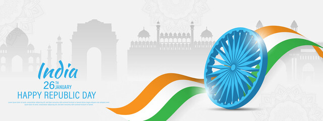 26 th January Indian Republic Day banner template design with Indian flag and silhouette of Indian monument.