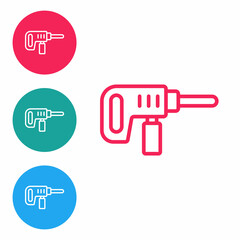 Red line Electric drill machine icon isolated on white background. Repair tool. Set icons in circle buttons. Vector