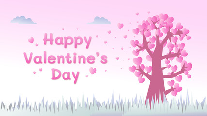 Cute Valentine's Day Banner With Editable Text Style. Greeting Card With Sweet Anime Cartoon Landscape View Concept With Tree Of Love Element