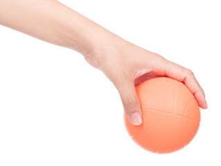 Hand holding orange rubber ball isolated on white background - 479501127
