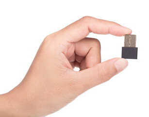 Hand holding flash drive usb 3.0 bluetooth adapter wifi isolated on white background. - obrazy, fototapety, plakaty